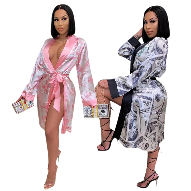 

Fashion Sexy Ladies Sleepwear Dollar Print Sashes Winter Midi Dress Women Night Wear Robe Pajamas