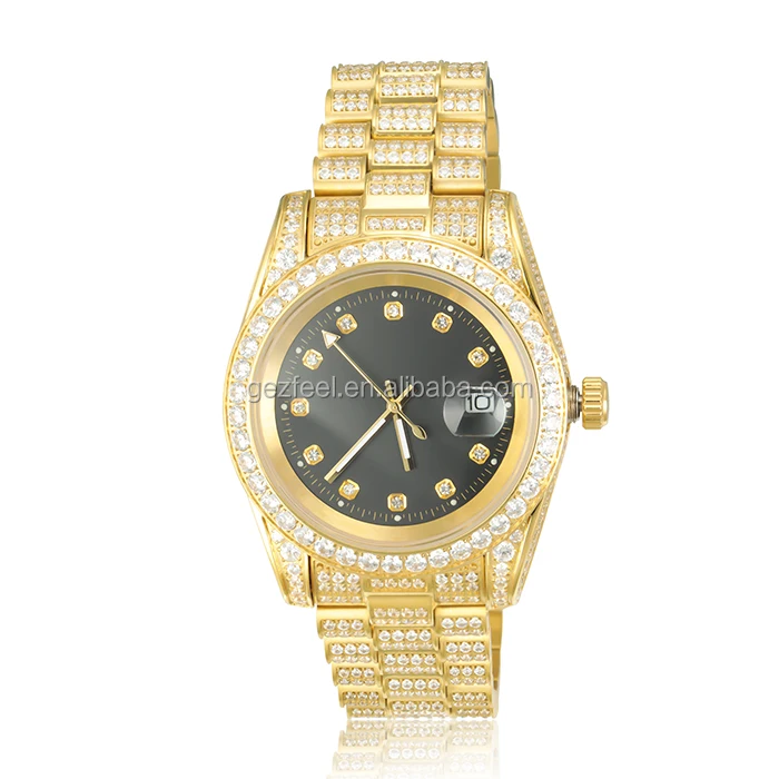 Top Brand 18k Luxury Golden Diamond Men Watch Cnc Cz Cubic Zirconia ...