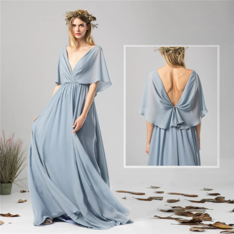 

Party Chiffon Short Sleeve V Neck Backless Sexy Weddings Bridesmaid Dresses Long