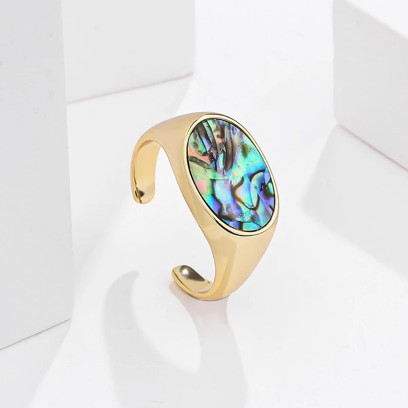 

Fine Jewelry Nature Paua Abalone Shell Sterling Silver Gold Plated Resizable Oval Women Open Ring