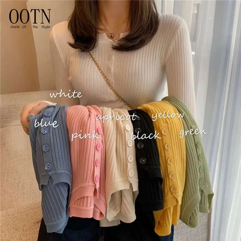 

OOTN Basic Primer Pull Femme Button Chic Jumper Soft Slim Autumn Knitted Solid Color O-neck Pullovers Women Sweater