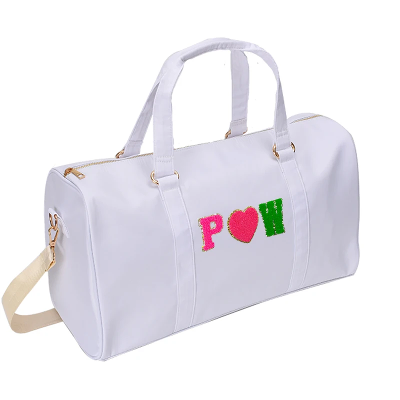 

Pine Waves White Women Duffle Bag In Stock Personalized Gold Trim Letter Patches Stick On Weekender Bag