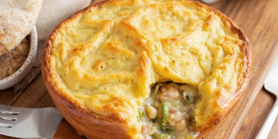 Golden chicken pot pie coming out of the oven.