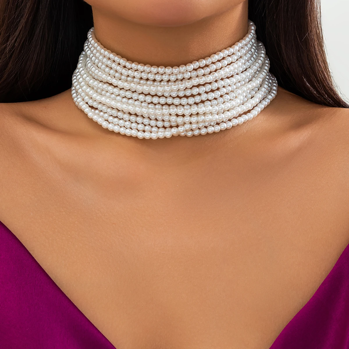 

SHIXIN Vintage Elegant Multi layered White Pearl Beaded Choker Necklace for Women Exaggerated Bridal Wedding Party Jewelry Gift