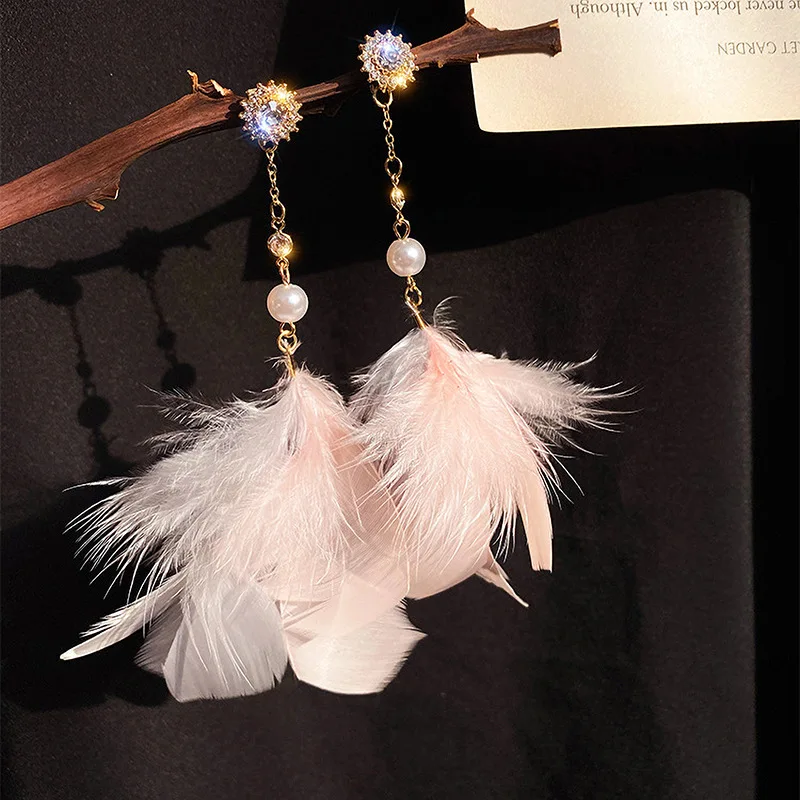 

2021 pink elegant dangle feather earrings crystal