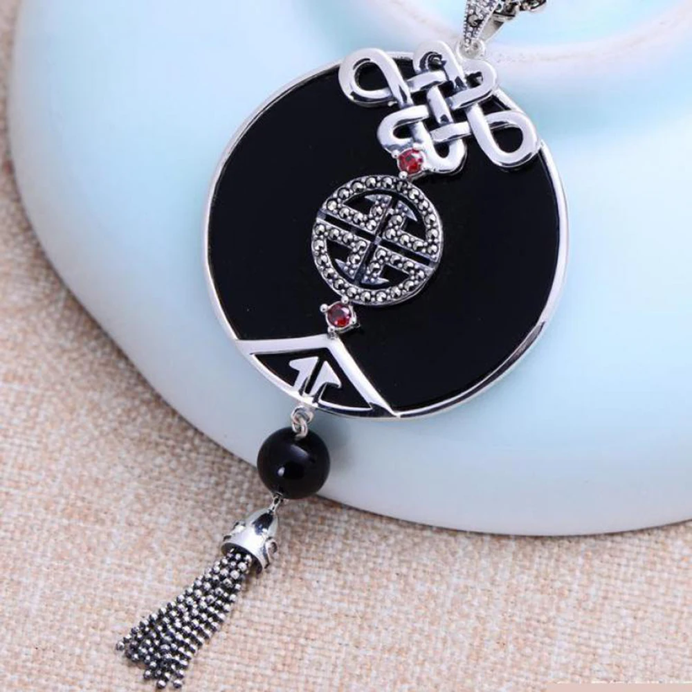 

GQTORCH 925 Sterling Silver Tassel Gemstone Pendant knot Black Onyx Natural Stone Pendant Women Jewelry Bijuterias