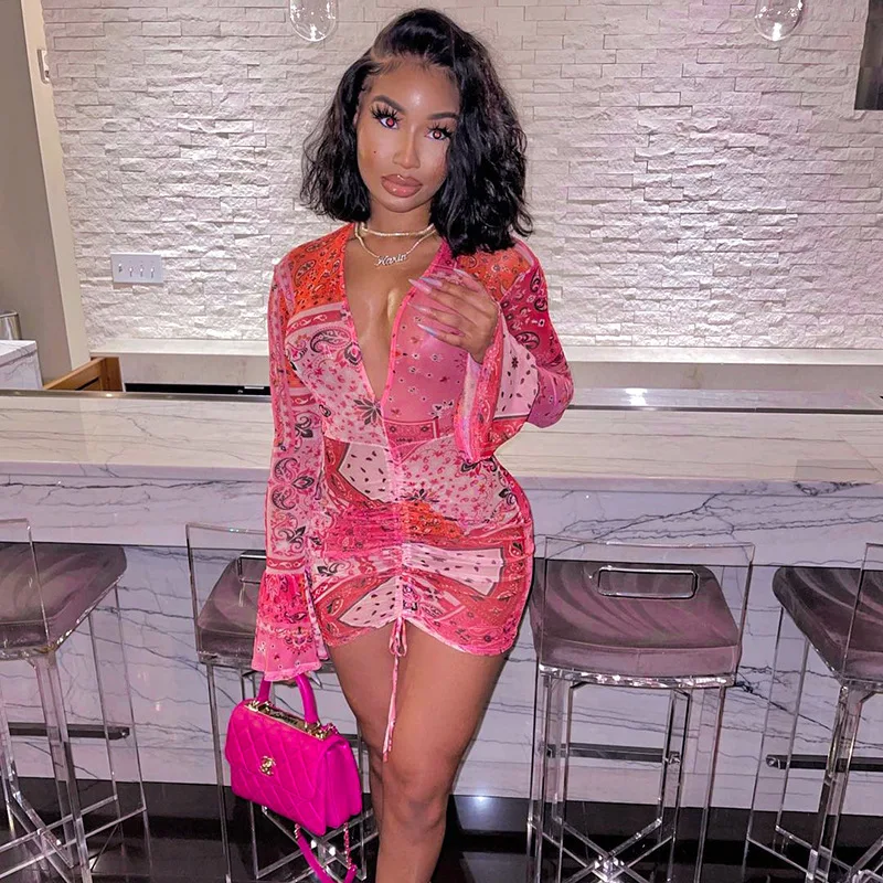 

Top selling products 2021 Women short dress with flare sleeve chiffon fabric bellows print Pleated casual dresses, Picture shows