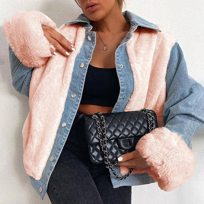 

2021 Winter Loose Denim Fur Jacket Women Oversized Plus Padded Jacket Vintage Thick Warm Jean Coat