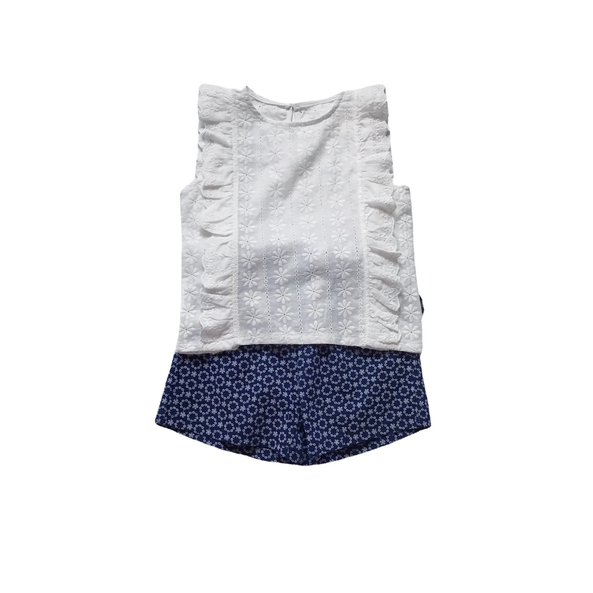 

2021 summer solid color flying sleeve embroidered tops with elastic waist printed shorts 2 pcs kids girls clothing sets, Picture