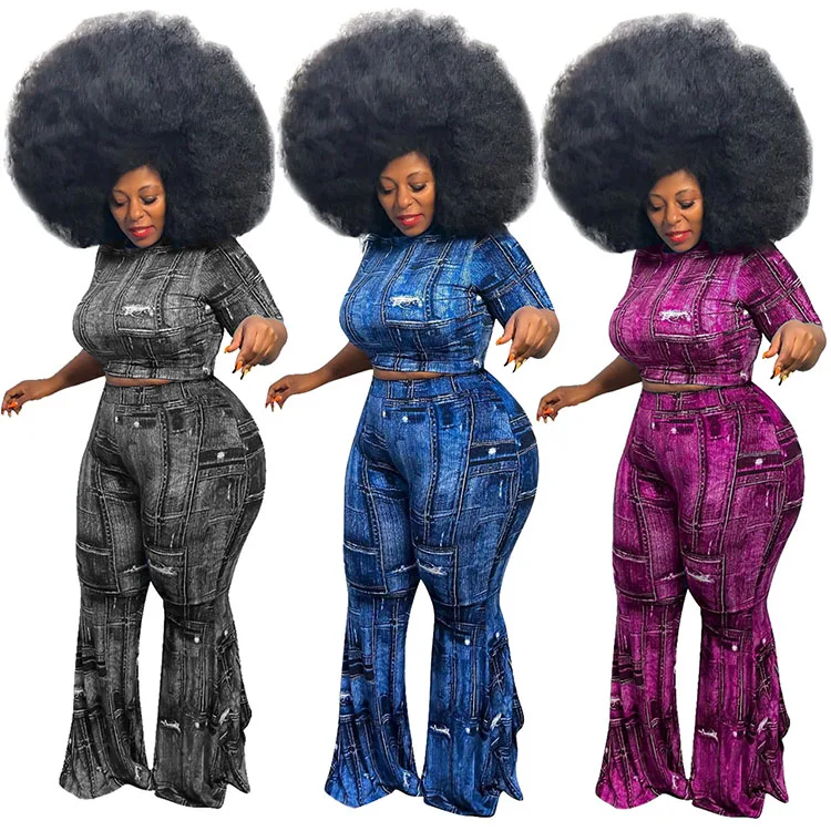 

J6044 Fashion 2 Piece Plus Size Women Clothing Crop Tops For Women Flare Pants Set