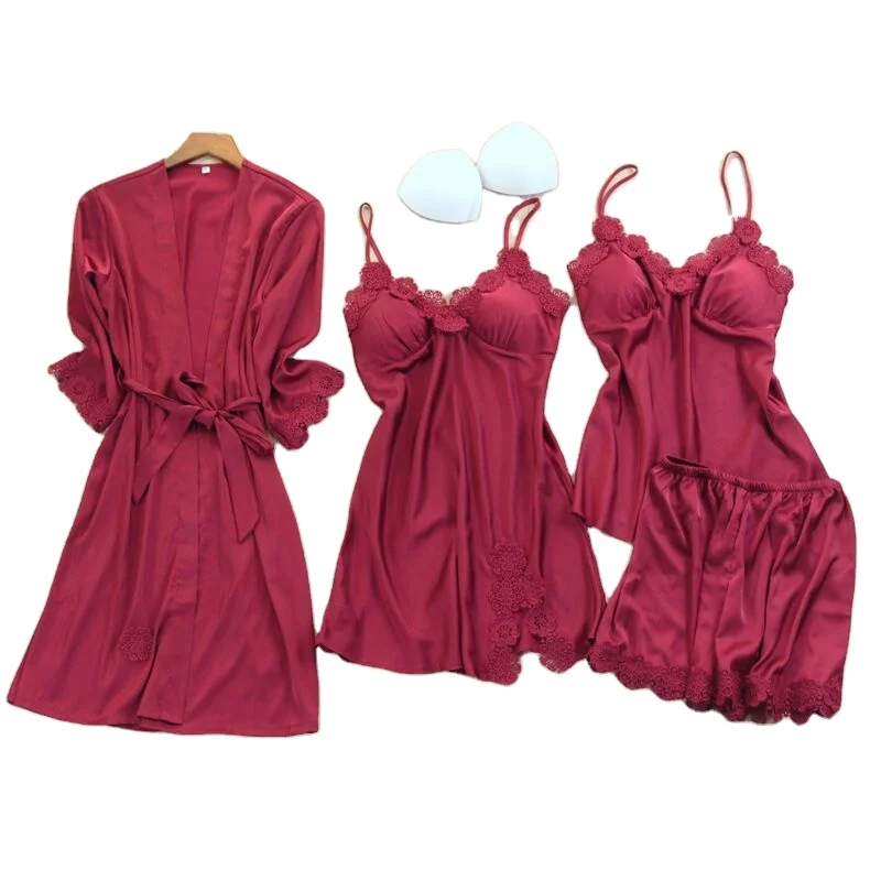 

Summer 2021 women's sleepwear Silk Satin three Pieces set Pajamas Short Set Women Sexy Lingerie Nighty set silk pajamas, Customized color