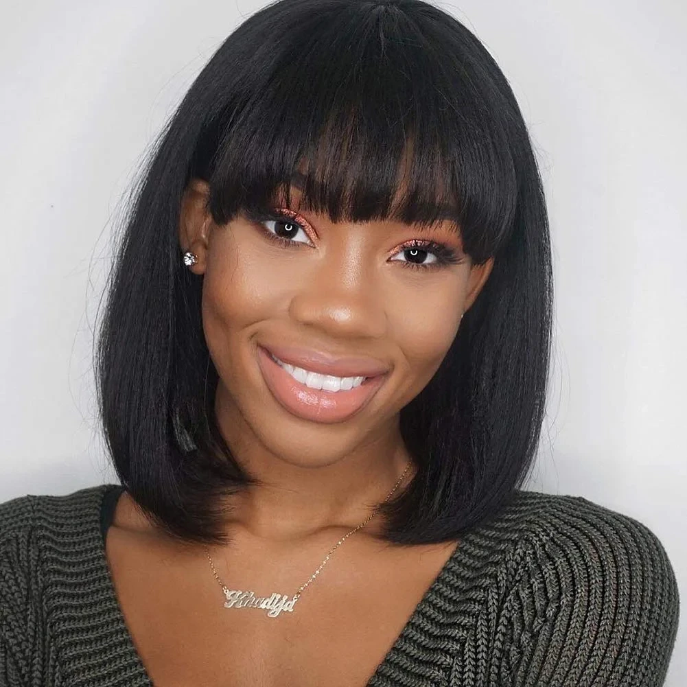 Cheap Short Bob Wig With Bangs 100% Human Hair Glueless Full Machine Made Wigs Natural Color Brazilian Straight Wigs for Women