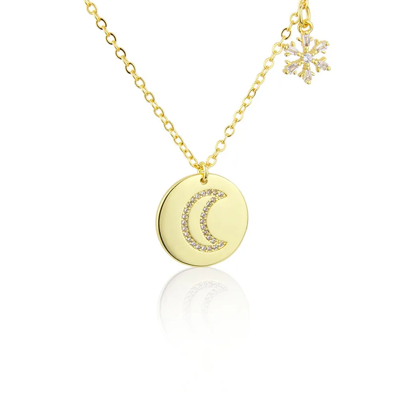 

Moon And Small Snowflakes Fashion Necklace Gold-plated Brass Pendant Inlaid With Colored Zircon Jewelry Gift, Gold color