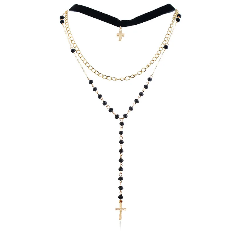 

Zinc Alloy Gold Metal Three Multi Layers Cross Black Ribbon Beads Women Jewelry Necklace, Gold color