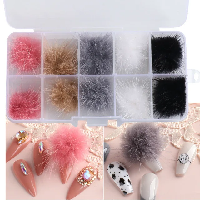 

10pcs Plush Nail Pom Poms Cute Fur Fluffy Balls With Magnets Nail Charms Decorations Jewelry Manicure Kawaii Accessories, Multi
