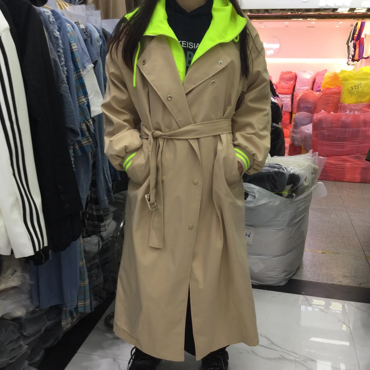 New Arrival Women Spring Autumn Winter Long Sleeve Khaki Black Jacket Pocket Bandage Windbreaker Trench Coat Dust Coat