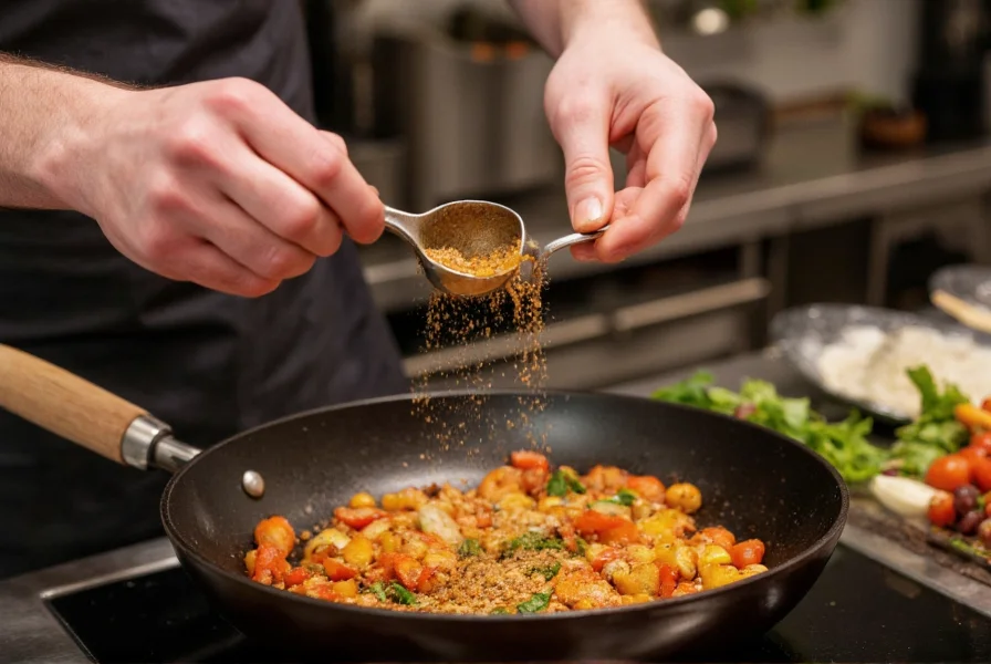 Chef's hand measuring spices into a skillet with vegetables sizzling in background