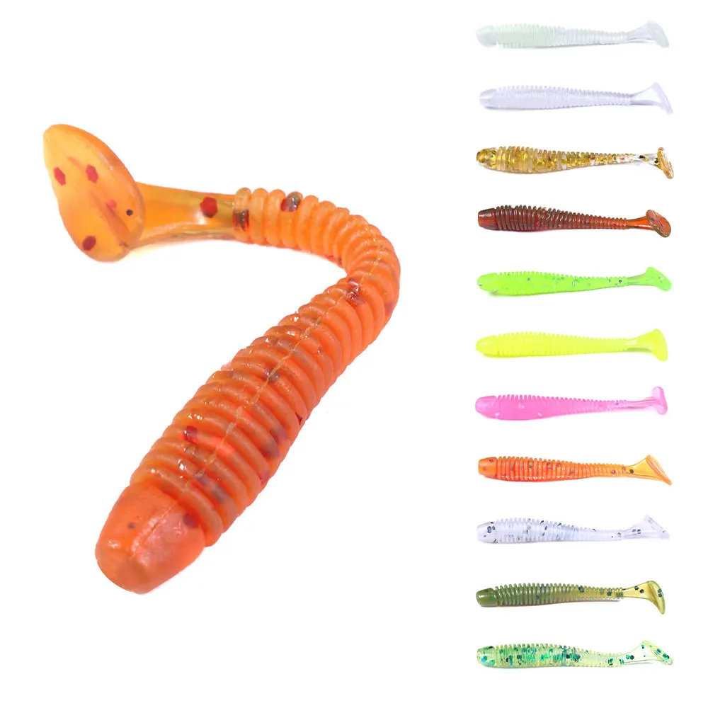Hot Sale Fishing Bait Bass Worm Soft Lures T Tail Worm  Paddle Tail Soft Bait Worm