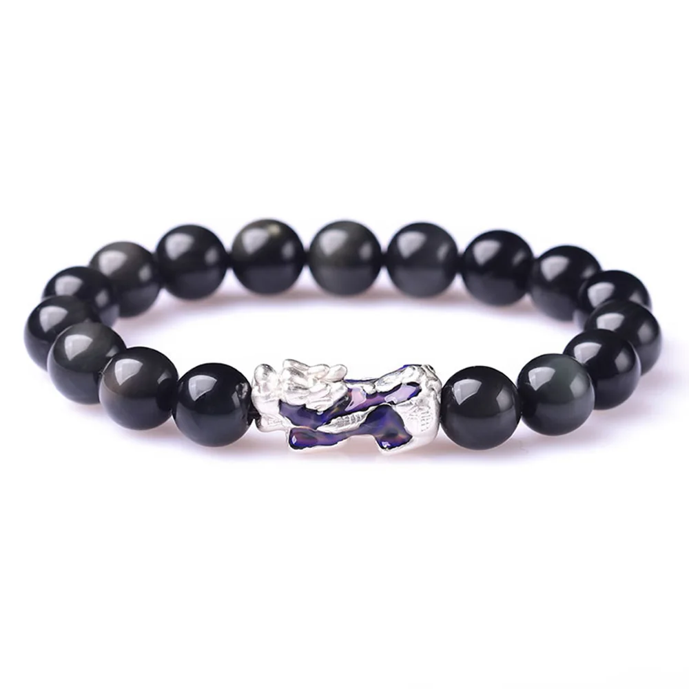 

Natural Obsidian Beaded Bracelet 999 Sterling Silver Brave Troops Pixiu Charm Thermochromic Lucky Bracelet For Women And Men