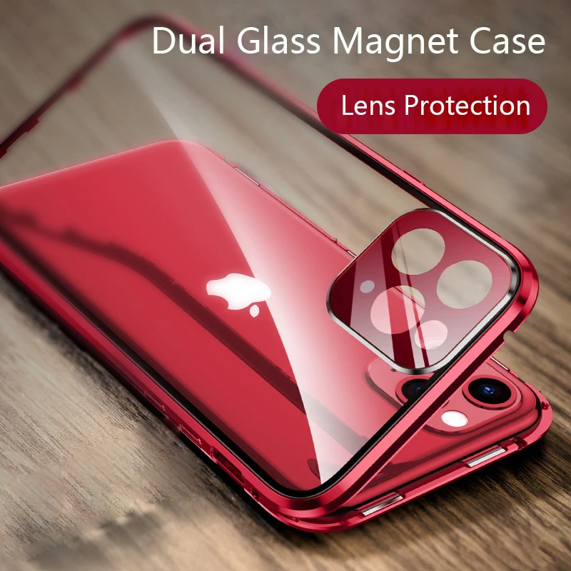 

magnetic double sided glass flip case for iphone 11 pro max xr aifon 11pro 11promax bumper Metal camera lens phone cover coque