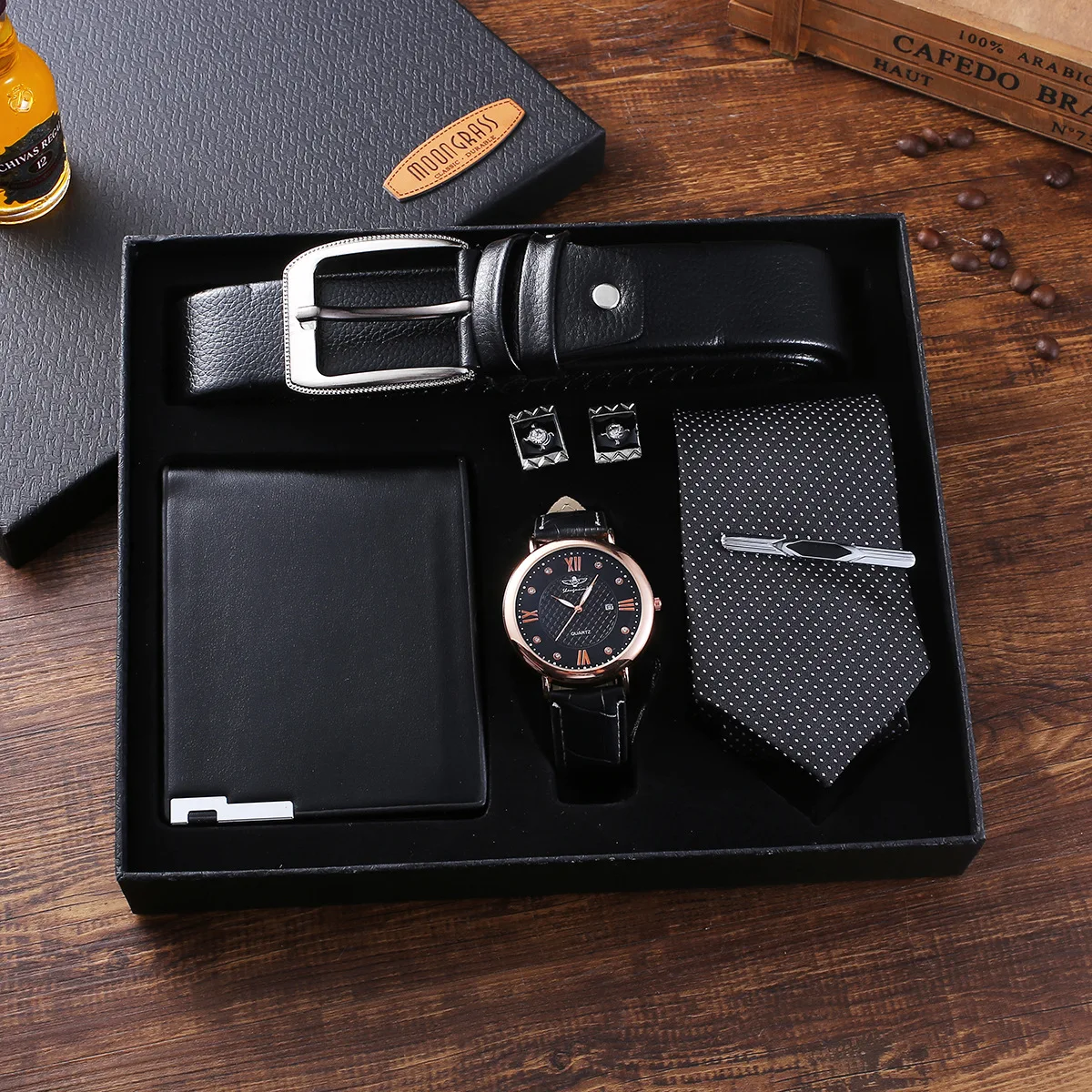 

Fashion exquisite gift set wallet tie 5 pcs cufflinks belt box packing gold men wrist watch