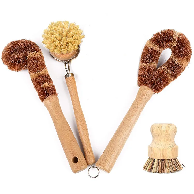 

High Quality Household Scrubbing Kitchen Round Coconut Sisal Fiber Pot Pan Brush Palm Washing Dishe Scrub Brush Set For Cleaning