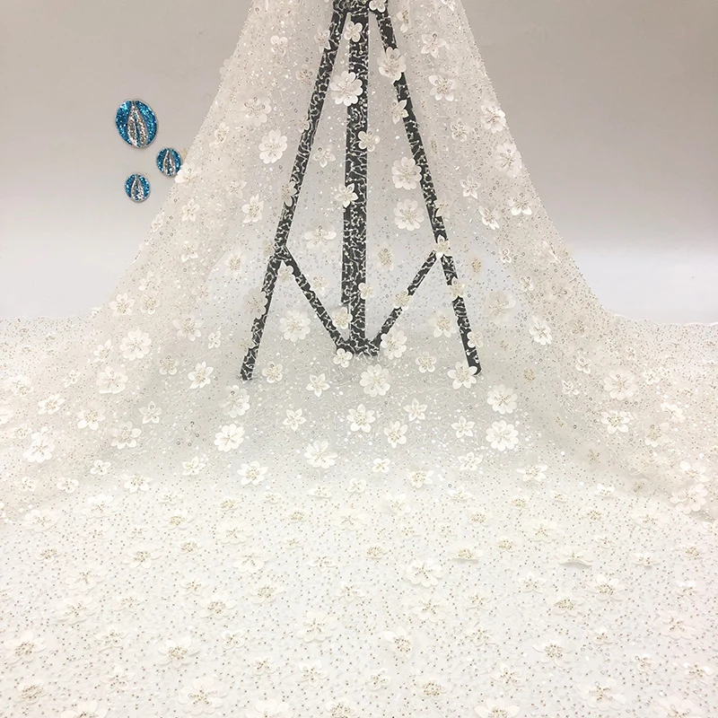 

Evening Party Gown Fabrics Heavy Beaded Embroidered Net French Lace White Color 3d Flower Applique Wedding Fancy Sequin Fabric, 7 colors or customized