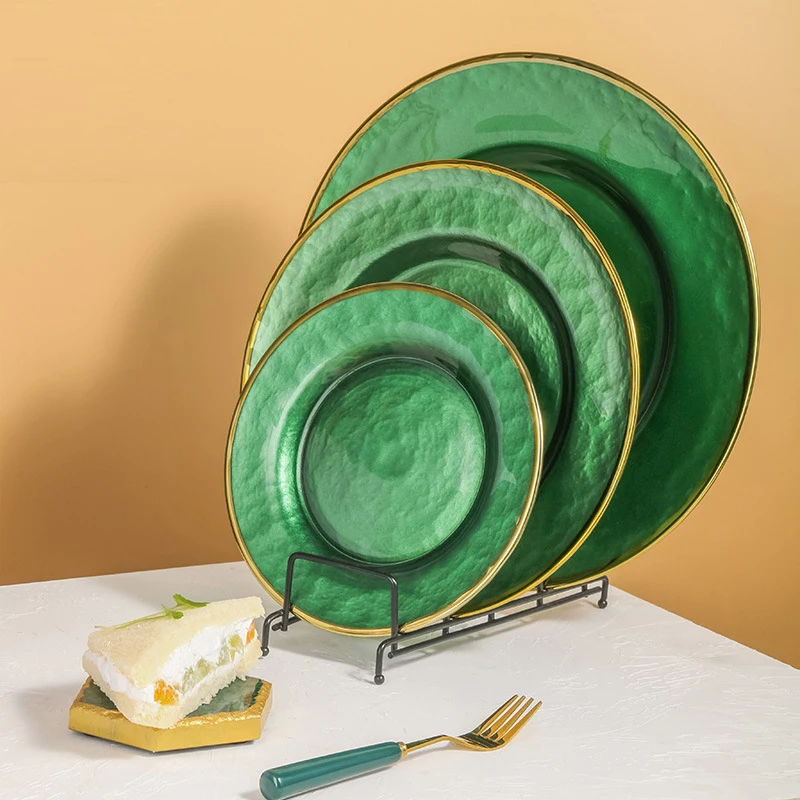 

Western steakhouse Nordic style round golden rim cutlery tray fruit flat Glass plate
