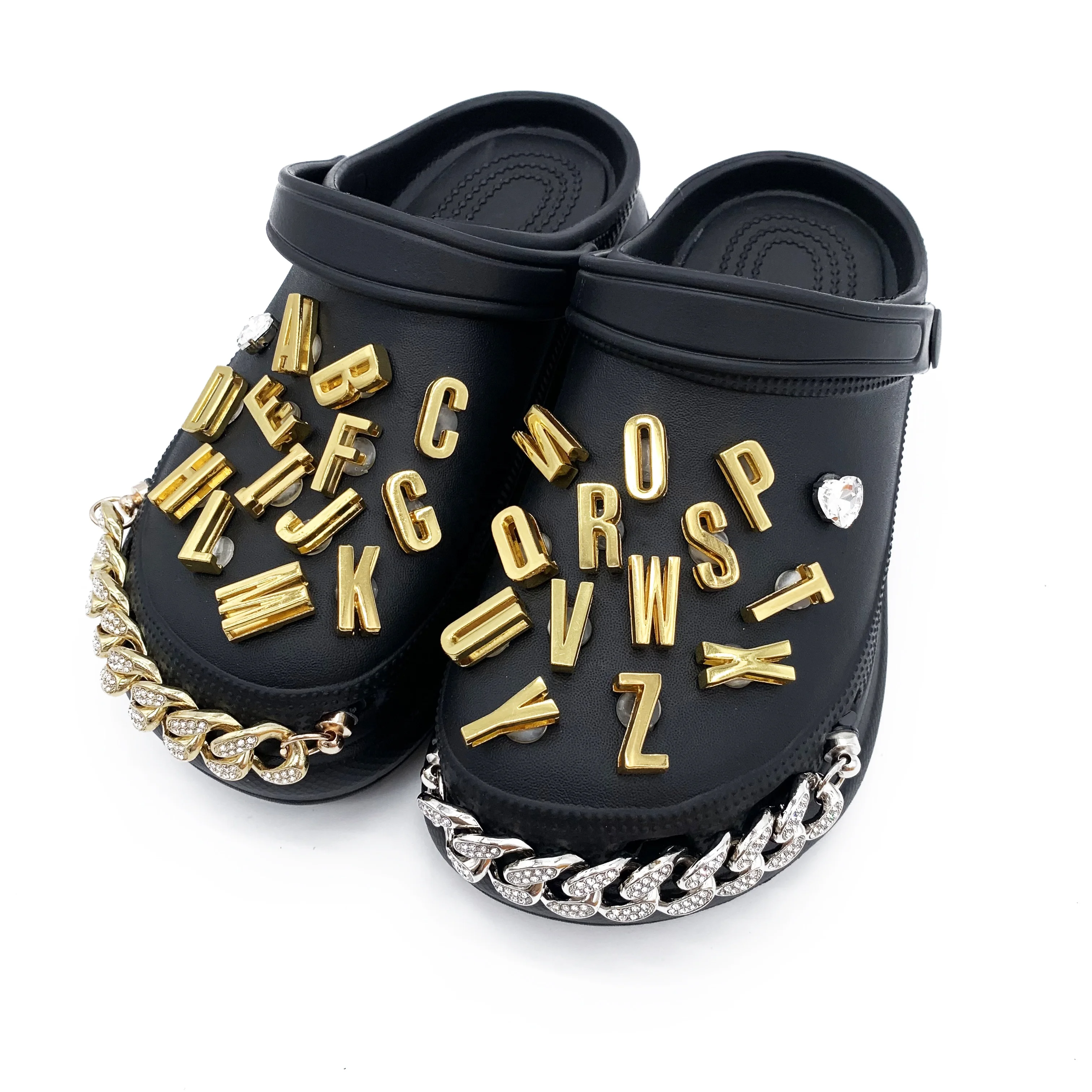 

Wholesale Rhinestones Gold Silver Plating Letters Croc Charms word Enamel Metal Shoe Charms, Customized