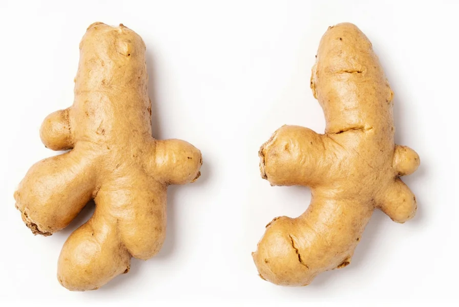 Comparison of high quality versus low quality fresh ginger roots showing firm versus wrinkled specimens
