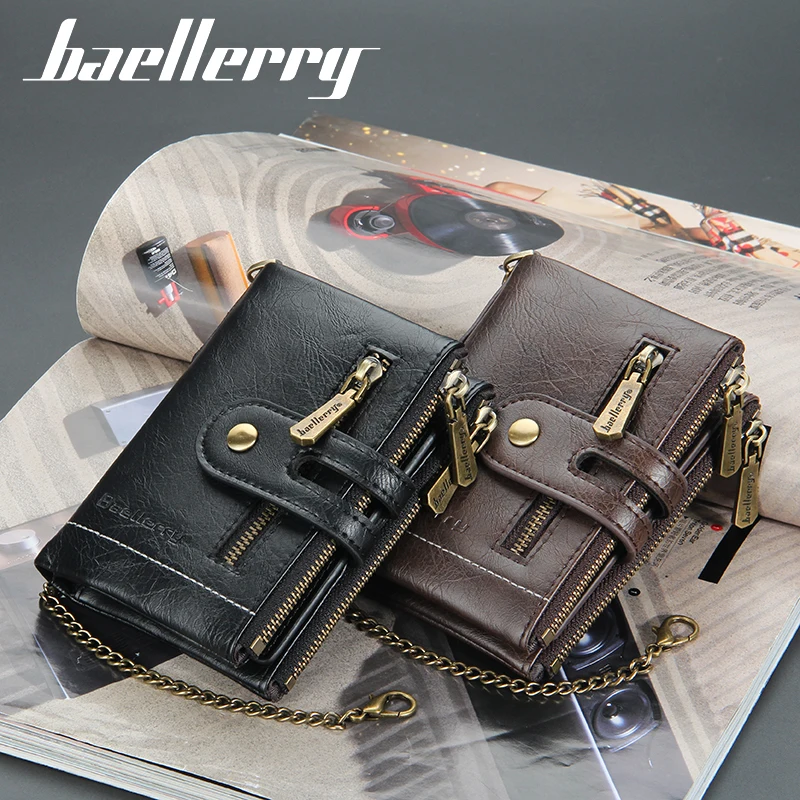 

2022 baellerry Vintage pu leather wallet Bifold short double zipper wallet customize logo men purse RFID anti theft wallet chain, Mix (as picture)
