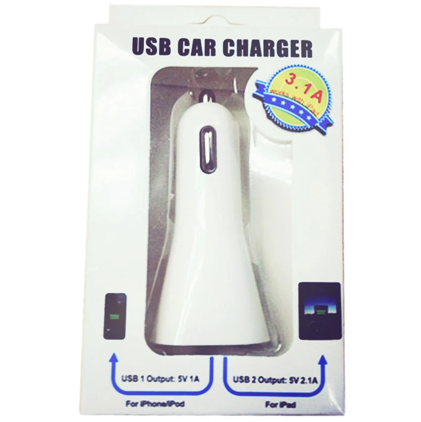 

horn shape CE certificated competitive price white 5V 2.1A dual car charger color box packing mobile accessories