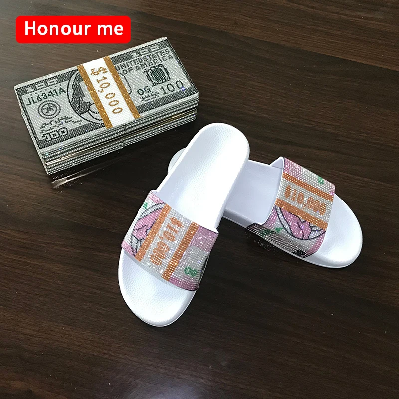 

Factory Manufacture money purses match slides rhinestone money handbag for woman money shoe