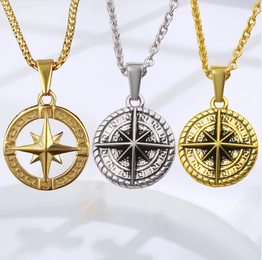 

Fashion Jewelry Hiphop Punk Silver Gold Plated Compass Hollow Round Coin Stainless Steel Pendant Necklace for Men