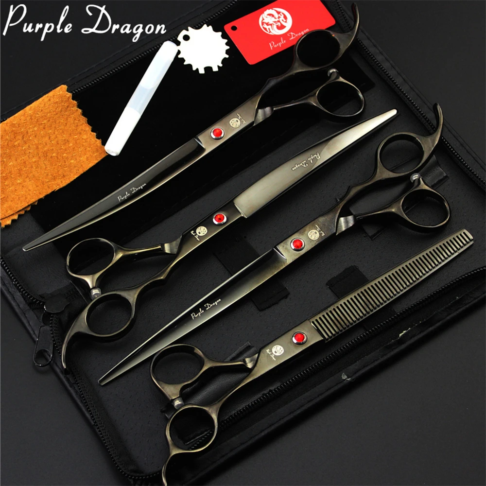 

Dog Grooming Scissors Professional 8" Purple Dragon Straight Shears Up & Down Curved Shears Thinning Scissors Set Add Case Z3005, Blue color