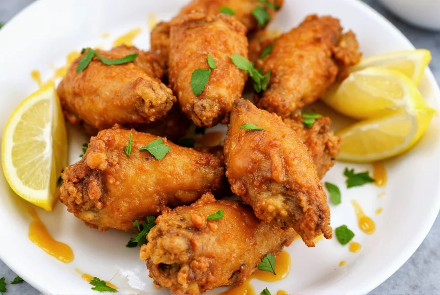 Crispy golden chicken wings coated in lemon pepper sauce on white plate with lemon slices and parsley garnish