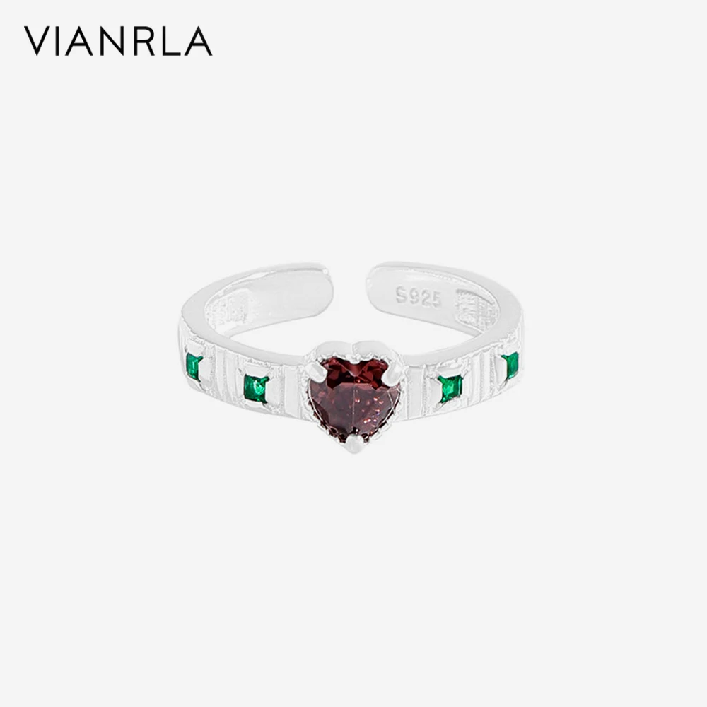 

VIANRLA 925 Sterling Silver Ring Shiny Red Zirconia Heart Shape Colorful Green Zircon Ring Minimalist Style Nickle