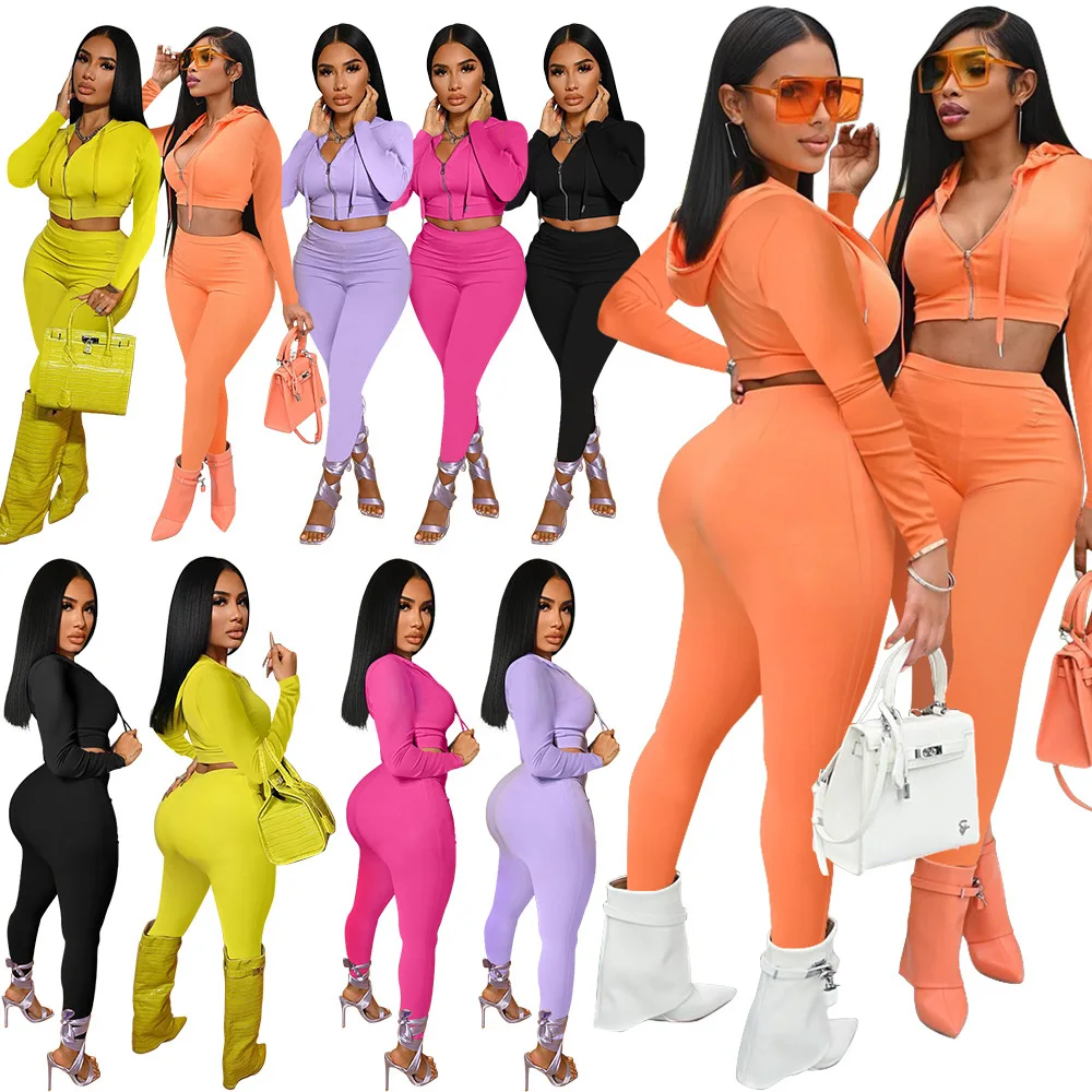 

2021 Women Fall Clothing Women Crop Top Hooded 2 Piece Set Long Sleeve Solid Color Two piece Tracksuit Pant Set for women, Picture