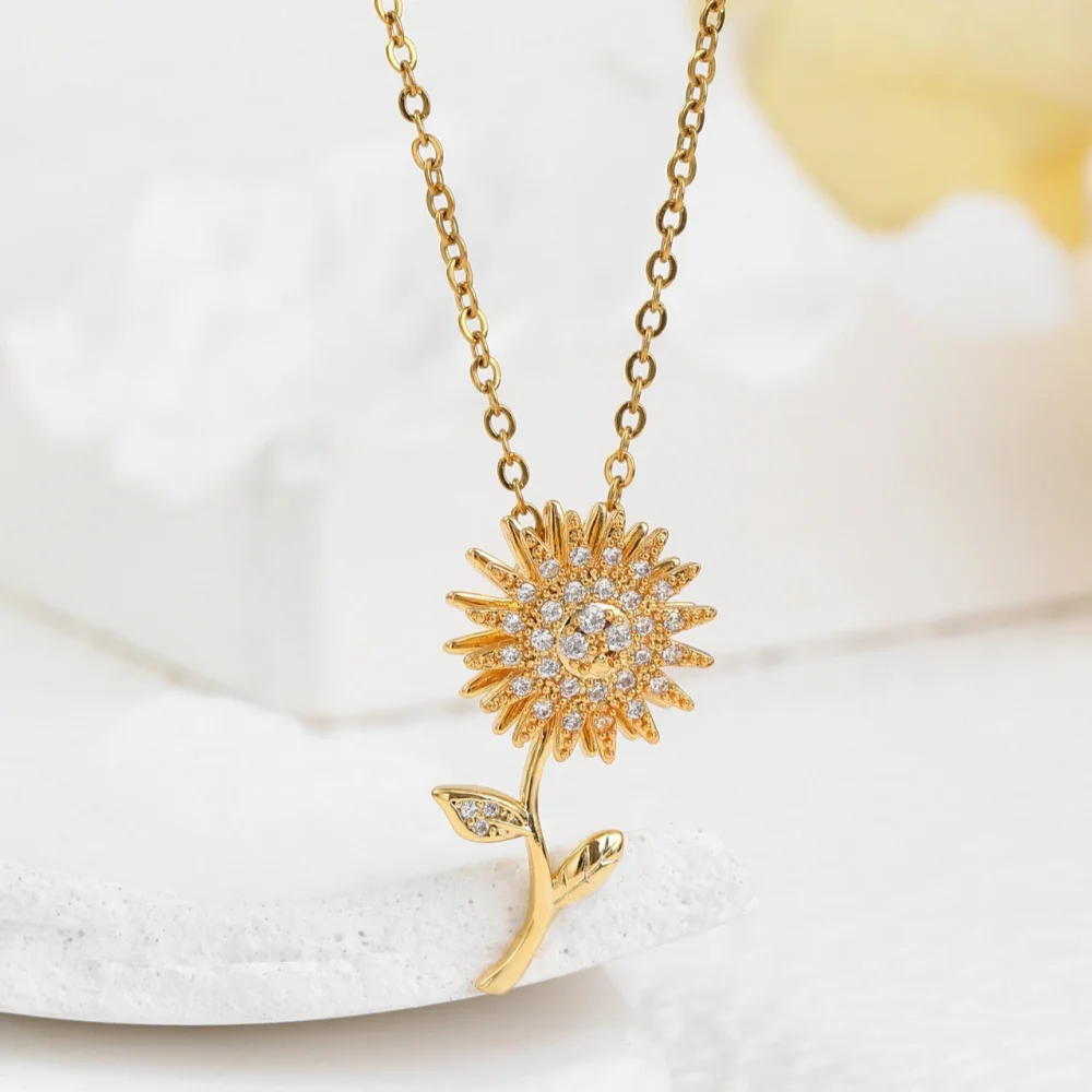 

Trendy Rotating Sunflower Necklace Gold Clavicle Chain Relieve Stress Sun Flower Pendant Necklace For Women Jewelry