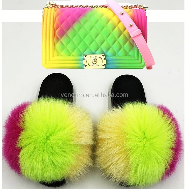 

2020 fashion fur sandals wholesale women fox fur slides customize jelly purse with fur slippers matched, Customized color