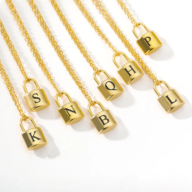 

Hot Selling 18K Gold Plated Stainless Steel Jewelry 26 Letter Initial Lock Padlock Pendant Necklace Jewelry, As picture