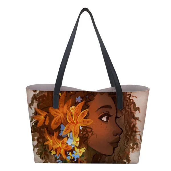 

Custom Black Art African Girls Printed Fashion Shoulder Bag Pu Leather Beach Handbag Ladies Tote Shopping Hand Bag For Women, Customized