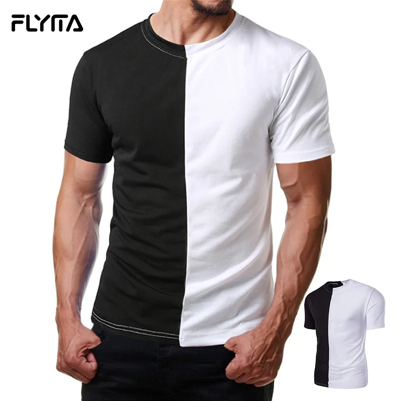 

2021 New Design Plus Size tshirt Men Summer Short Sleeve Round Neck Half Black Half White 100 Cotton Vintage t-shirt Custom Logo