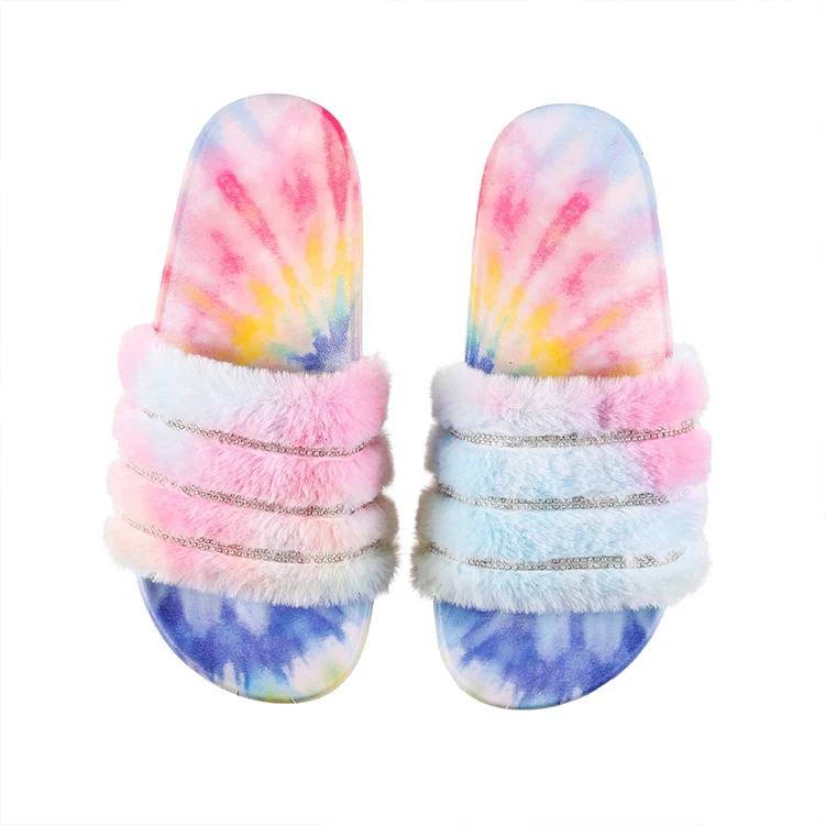 

New Arrival Women Flat Footwear Outdoor Antiskid Colours Plush Fur Fancy Rainbow Fur Fluffy Rhinestone With Slides Slippers