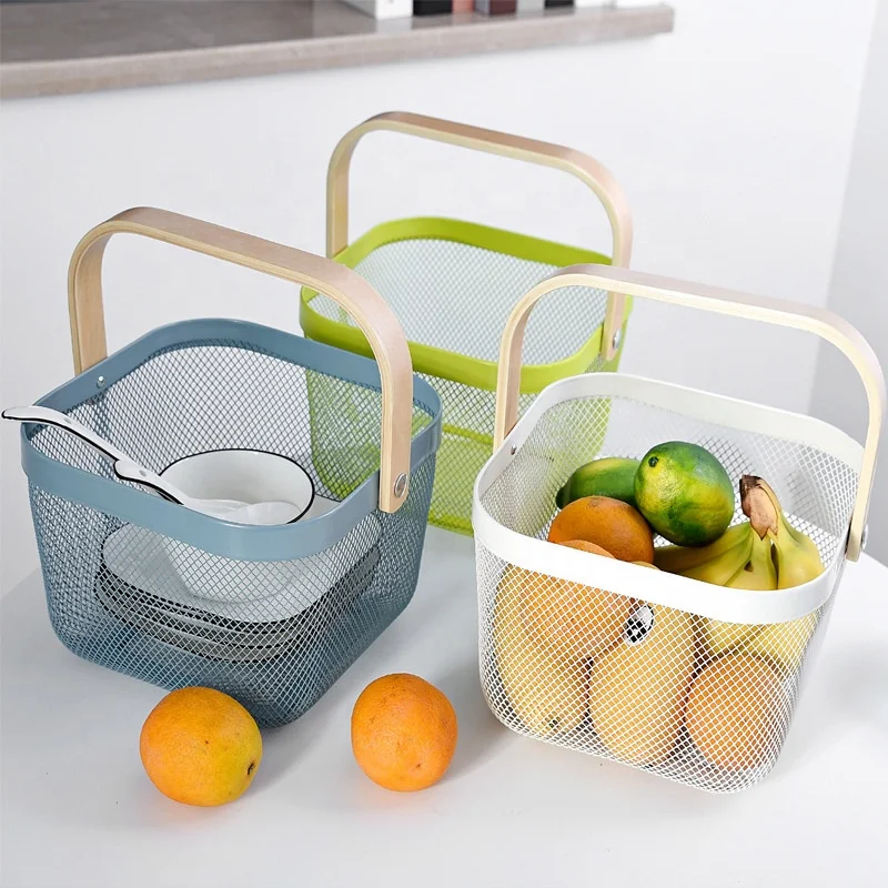 

Nordic Mordern Storage Baskets Wooden Handle Metal Basket Picnic Basket For Fruit Vegetable Dry Storage Box