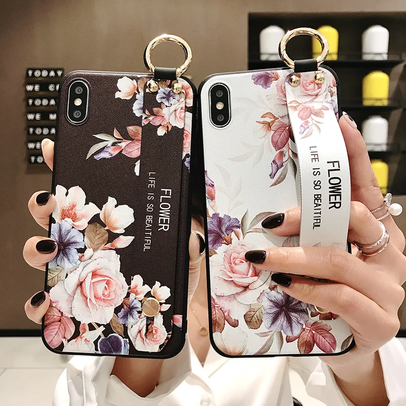 

Rose Flowers Wrist Strap phone Cases For iphone 12 11 pro MAX X XR XS MAX 7 8 6 6s Plus Cover Hand Band Cases Soft TPU Relief