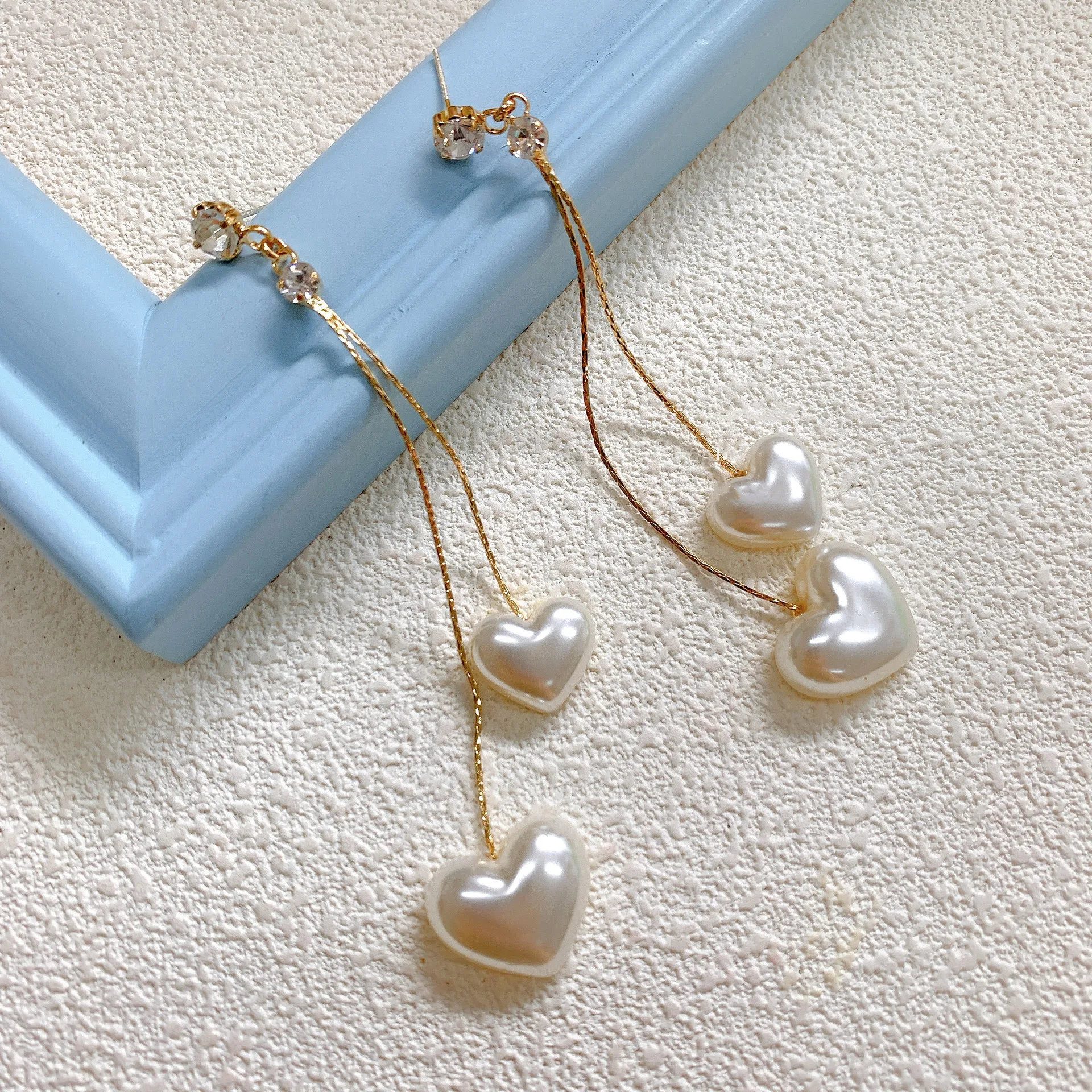 

JUHU Hand-made new white love long diamond pearl earrings gift 925 silver needle earrings for women, Gold