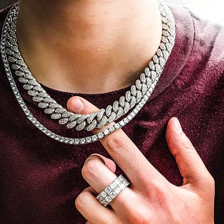 

Hip Hop 12MM Men Necklace Silver Gold Plating Iced Out Diamond Tennis Chains Miami Cuban Link Chain, Silver/gold color