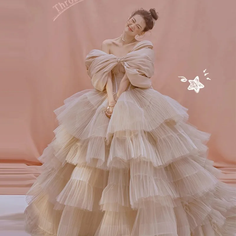 

Cake Dress Women New Lace Pleated Mesh Cake Skirt Casual Sleeveless wedding dress Bridal gown, Picture