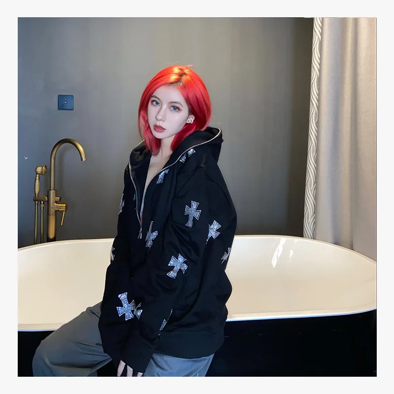 

Spring Women Cross Graphic Vintage Long Sleeve Hoodie Rhinestone Hoodie, Customized color